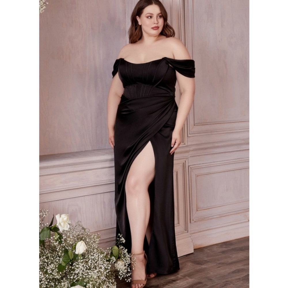 Black Strapless or Off The Shoulder Satin Dress 7484